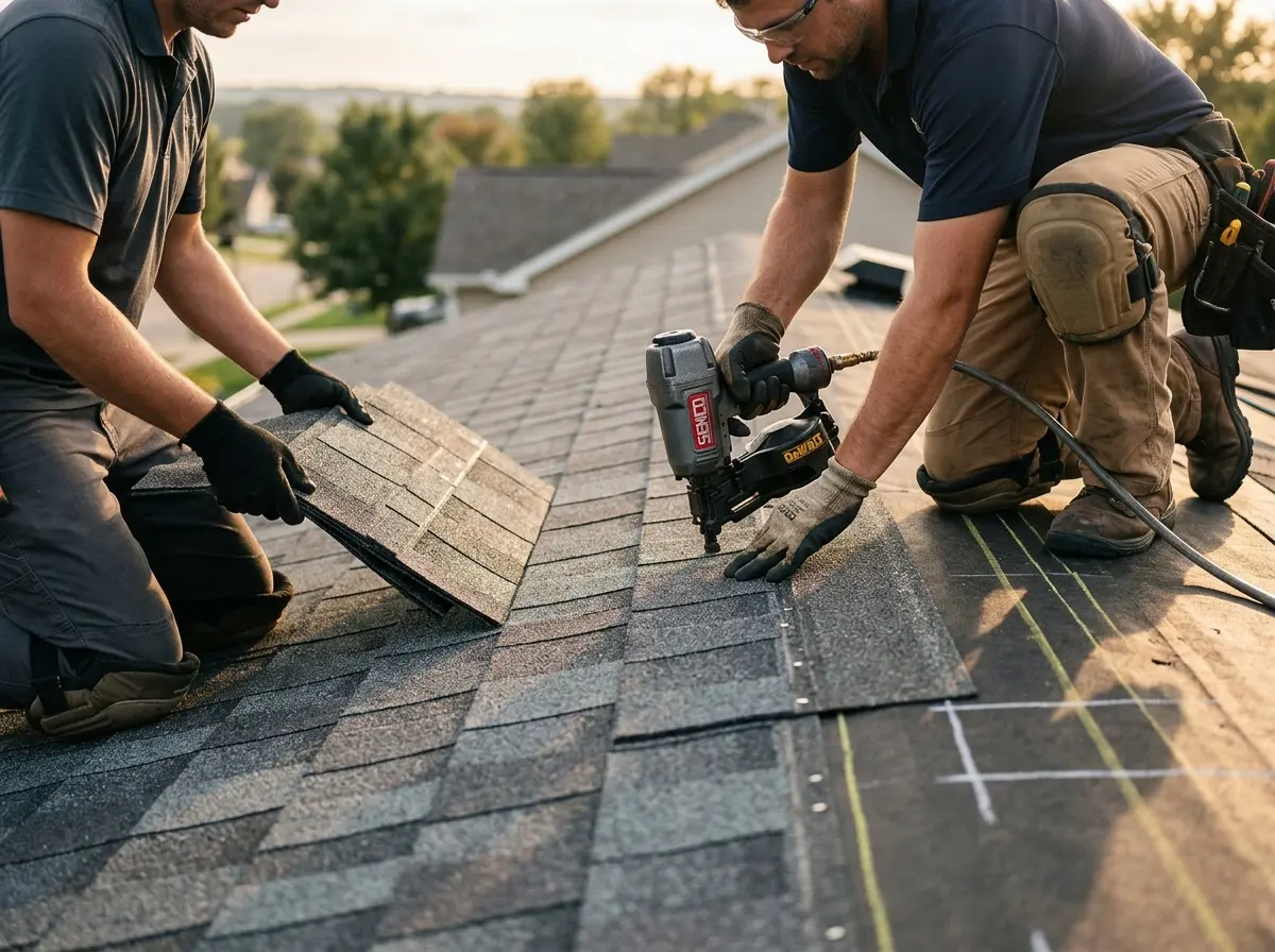 Professional roofer working on a residential roof in West Frankfort